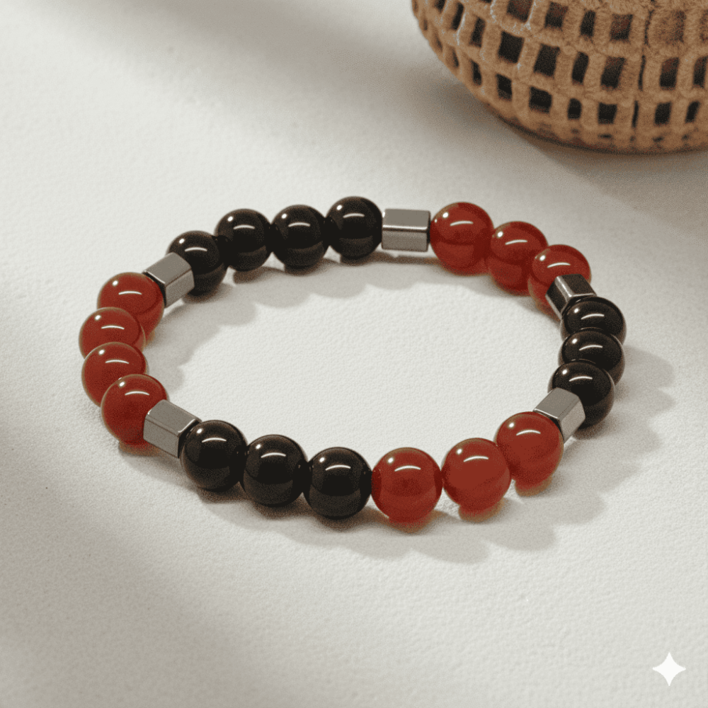 Küre Kesim Kırmızı Siyah Akik Oniks Hematit Doğaltaş Erkek Taraftar Bileklik - 3