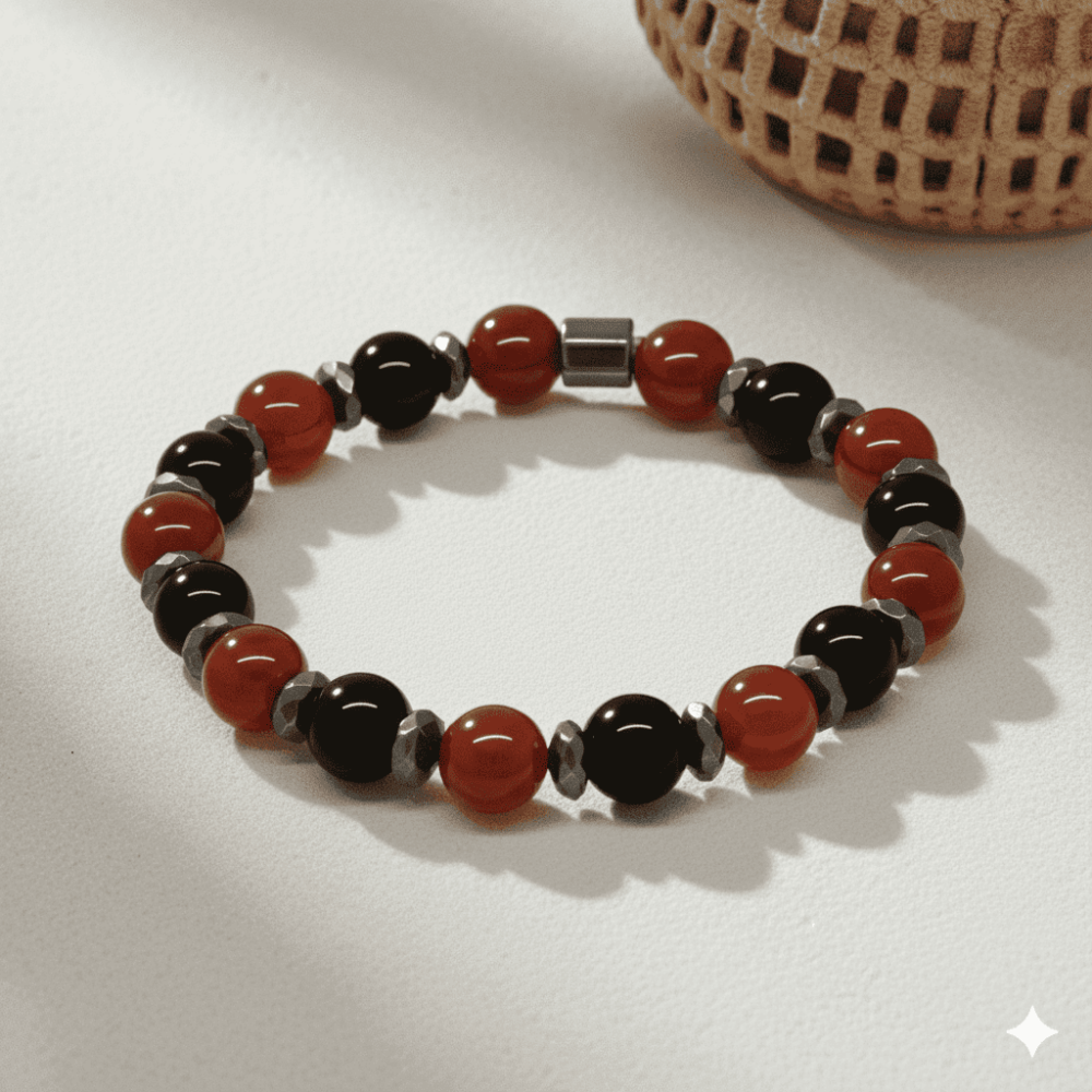 Küre Kesim Kırmızı Siyah Akik Oniks Hematit Doğaltaş Erkek Taraftar Bileklik M2 - 3