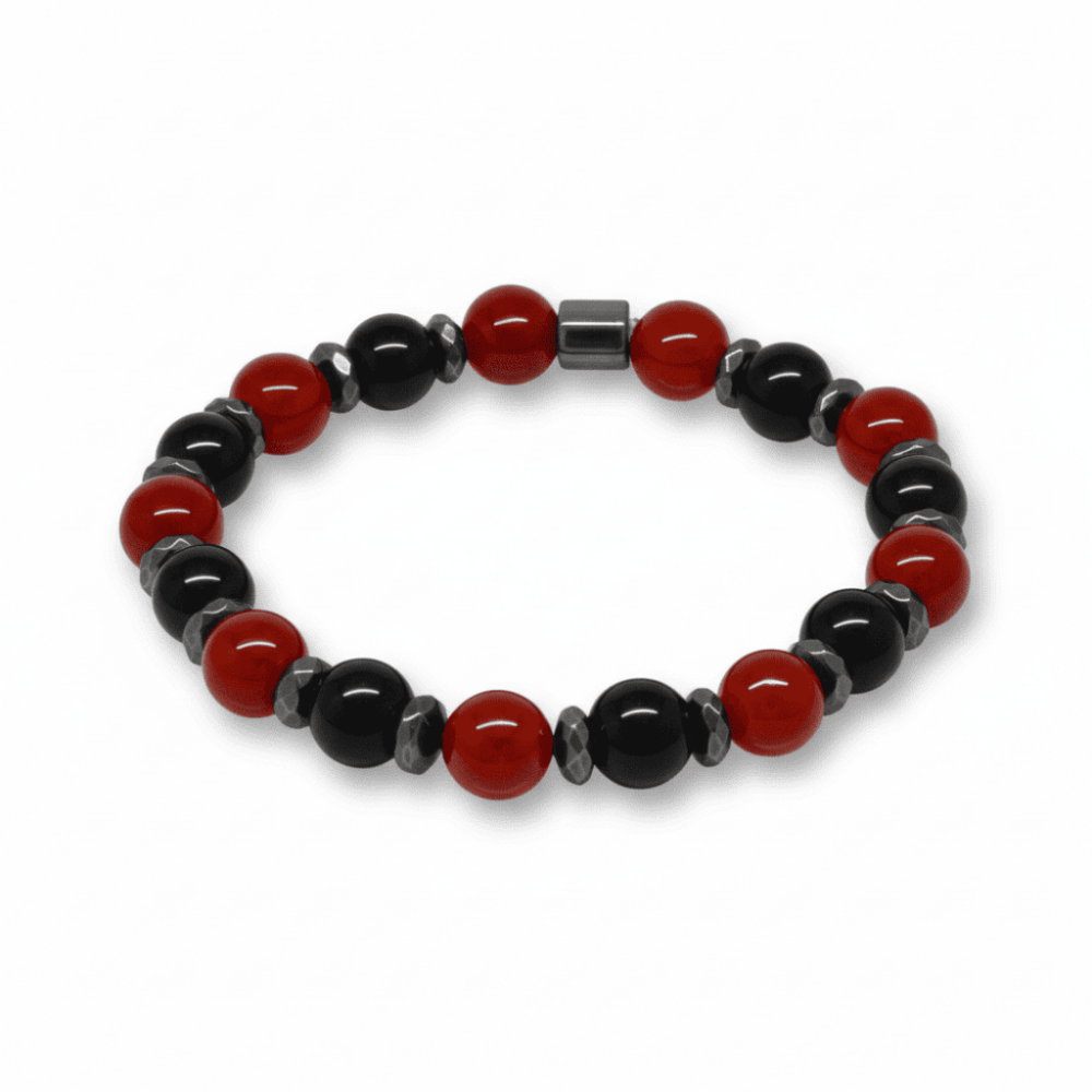 Küre Kesim Kırmızı Siyah Akik Oniks Hematit Doğaltaş Erkek Taraftar Bileklik M2 - 4