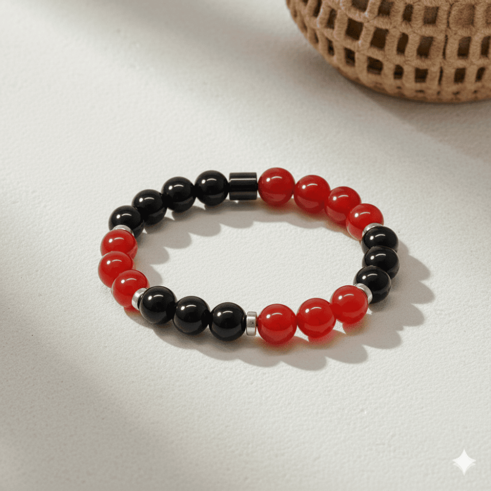 Küre Kesim Kırmızı Siyah Akik Oniks Hematit Doğaltaş Kadın Taraftar Bileklik - 3