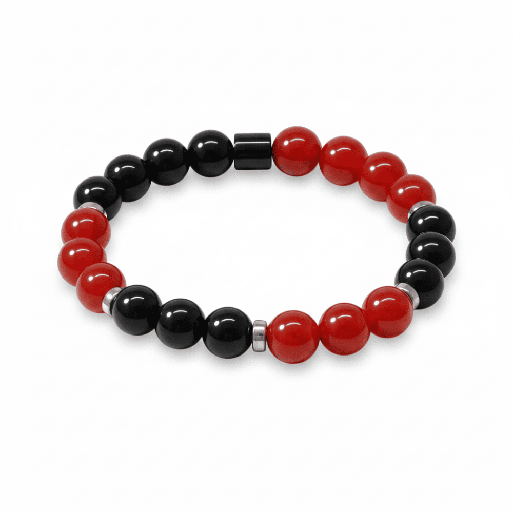 Küre Kesim Kırmızı Siyah Akik Oniks Hematit Doğaltaş Kadın Taraftar Bileklik - 4