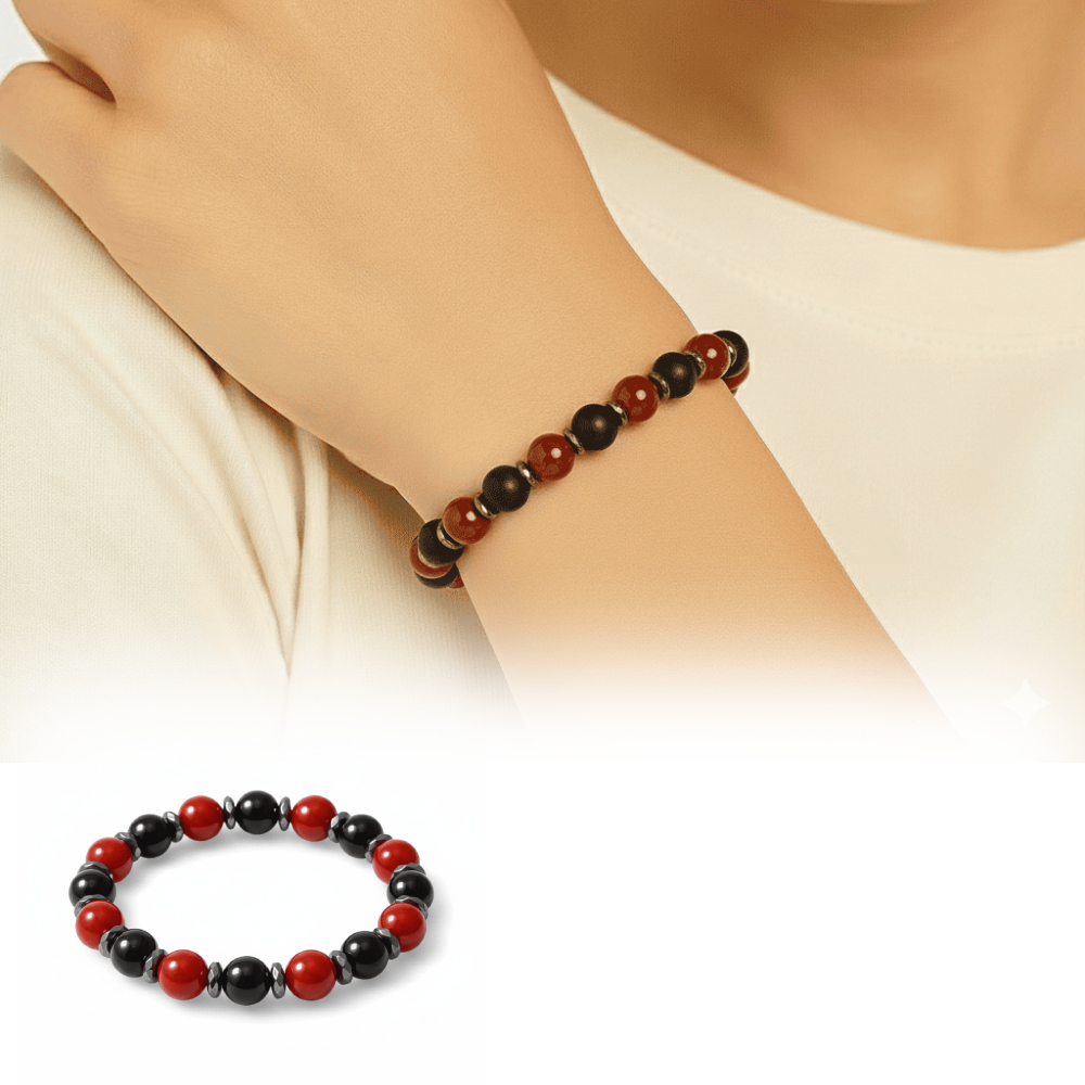 Küre Kesim Kırmızı Siyah Akik Oniks Hematit Doğaltaş Kadın Taraftar Bileklik M2 - 1