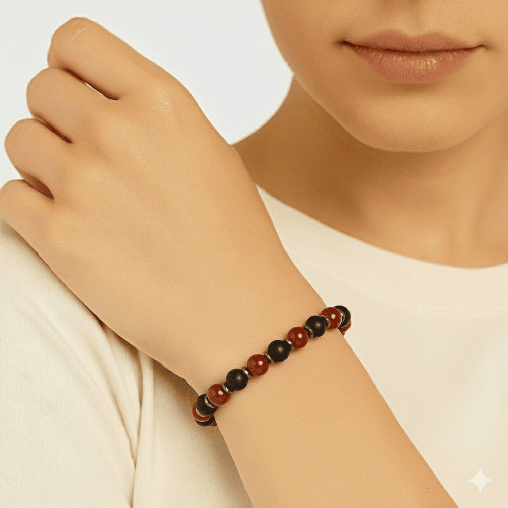Küre Kesim Kırmızı Siyah Akik Oniks Hematit Doğaltaş Kadın Taraftar Bileklik M2 - 2