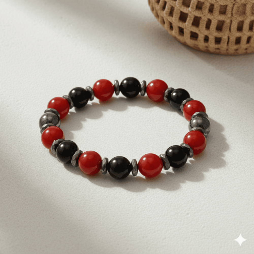 Küre Kesim Kırmızı Siyah Akik Oniks Hematit Doğaltaş Kadın Taraftar Bileklik M2 - 3