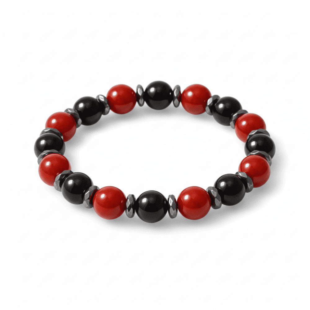 Küre Kesim Kırmızı Siyah Akik Oniks Hematit Doğaltaş Kadın Taraftar Bileklik M2 - 4