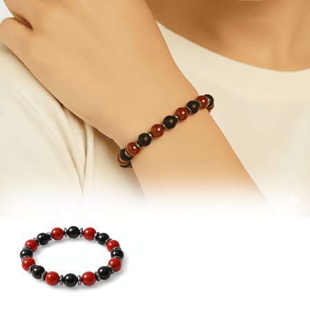 Küre Kesim Kırmızı Siyah Akik Oniks Hematit Doğaltaş Kadın Taraftar Bileklik M2 - Tesbihane
