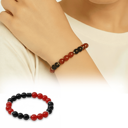 Küre Kesim Kırmızı Siyah Akik Oniks Hematit Doğaltaş Kadın Taraftar Bileklik - Tesbihane