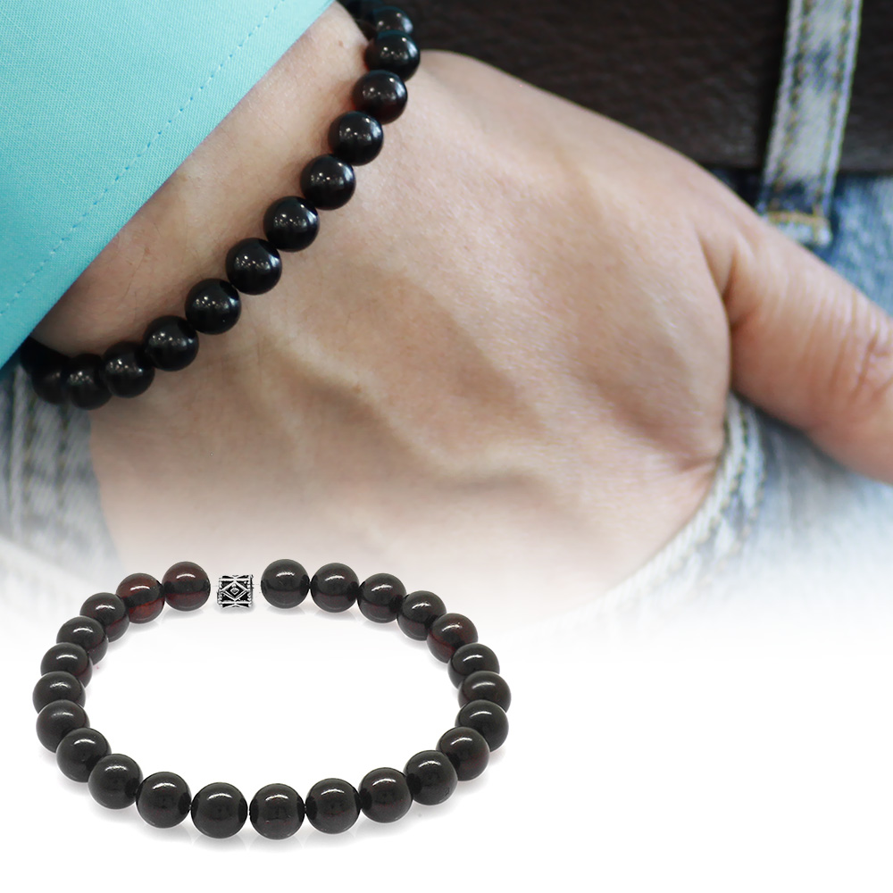 Küre Kesim Koyu Kırmızı Doğal Damla Kehribar Erkek Bileklik - 1