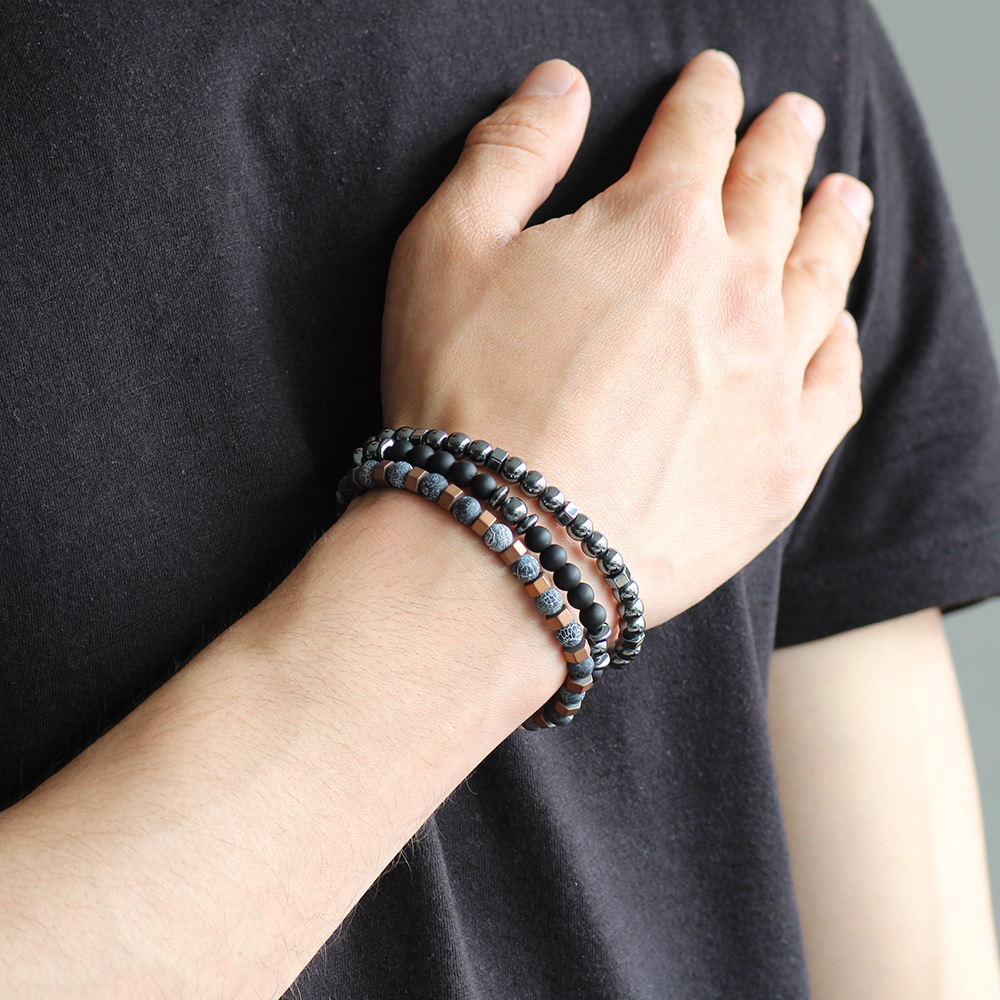 Küre Kesim Mat Akik Oniks Hematit Kombinli Doğaltaş Bileklik - 2