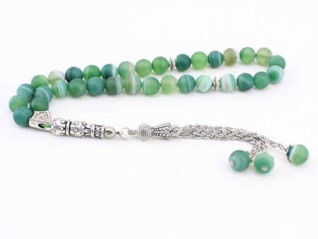 Küre Kesim Mat Yeşil Çizgili Akik Tesbih (HGDCB) - Tesbihane