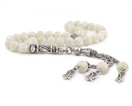 Kararmaz Metal Lale Püsküllü Küre Kesim Beyaz Sedef Tesbih - Tesbihane