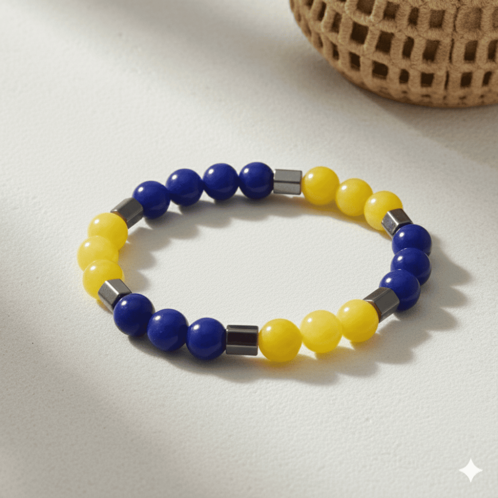 Küre Kesim Sarı Lacivert Jade Hematit Doğaltaş Erkek Taraftar Bileklik - 3