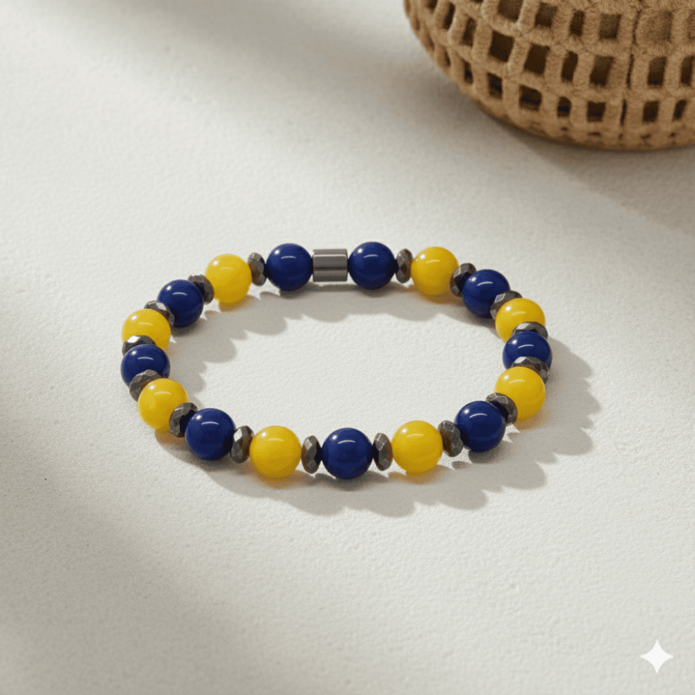 Küre Kesim Sarı Lacivert Jade Hematit Doğaltaş Erkek Taraftar Bileklik - M2 - 3