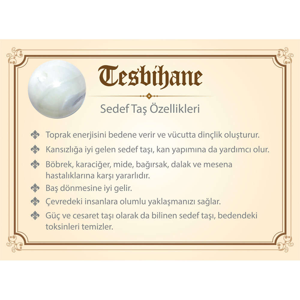 Kararmaz Metal Püsküllü Küre Kesim Beyaz Sedef Tesbih - 2