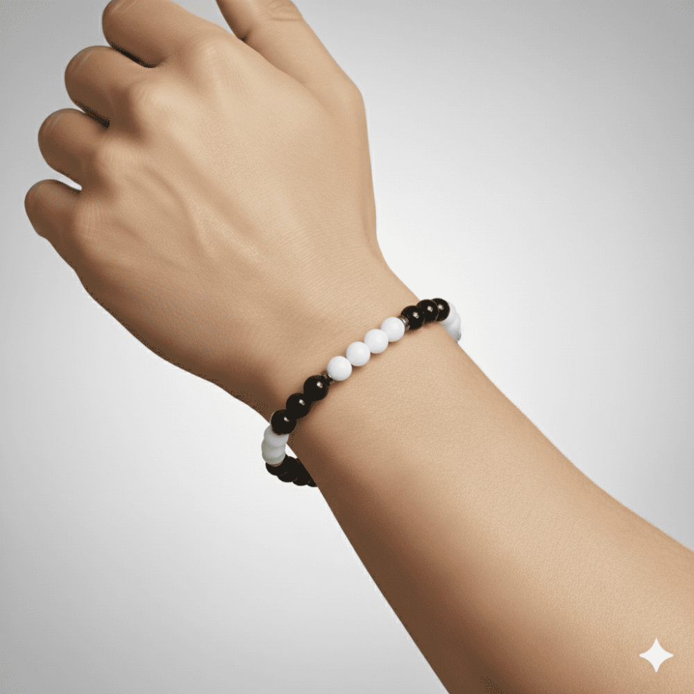 Küre Kesim Siyah Beyaz Jade Oniks Hematit Doğaltaş Erkek Taraftar Bileklik - 2