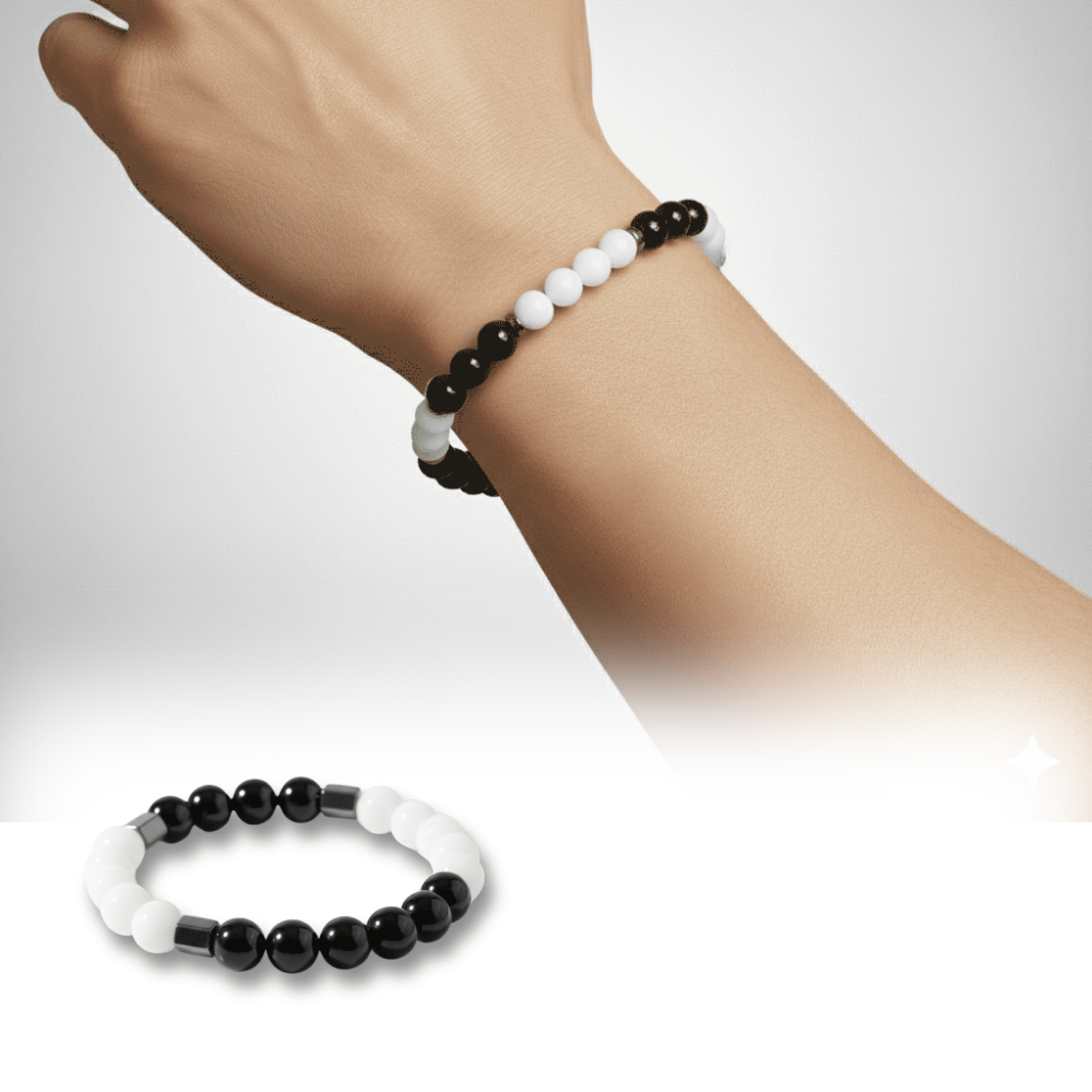 Küre Kesim Siyah Beyaz Jade Oniks Hematit Doğaltaş Erkek Taraftar Bileklik - 1
