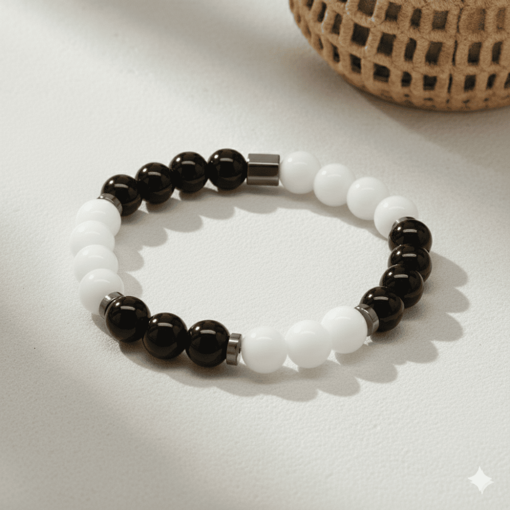 Küre Kesim Siyah Beyaz Jade Oniks Hematit Doğaltaş Erkek Taraftar Bileklik - 3