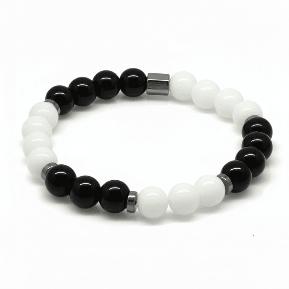 Küre Kesim Siyah Beyaz Jade Oniks Hematit Doğaltaş Erkek Taraftar Bileklik - 4