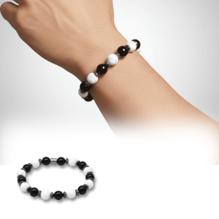 Küre Kesim Siyah Beyaz Jade Oniks Hematit Doğaltaş Erkek Taraftar Bileklik M2 - Tesbihane