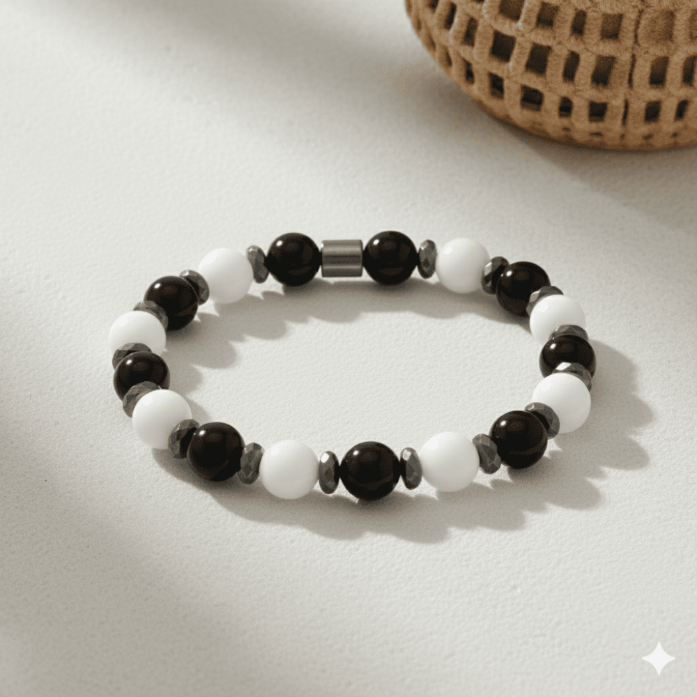 Küre Kesim Siyah Beyaz Jade Oniks Hematit Doğaltaş Erkek Taraftar Bileklik M2 - 3