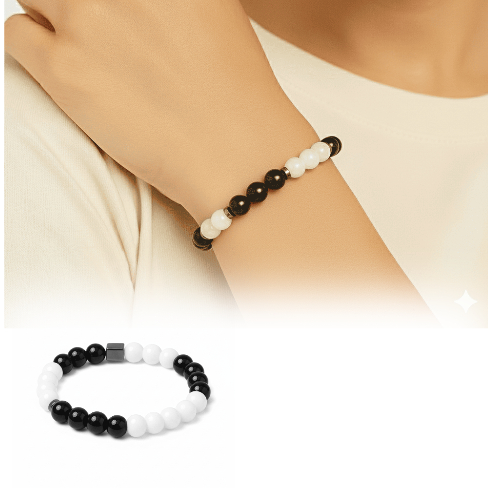 Küre Kesim Siyah Beyaz Jade Oniks Hematit Doğaltaş Kadın Taraftar Bileklik - 1