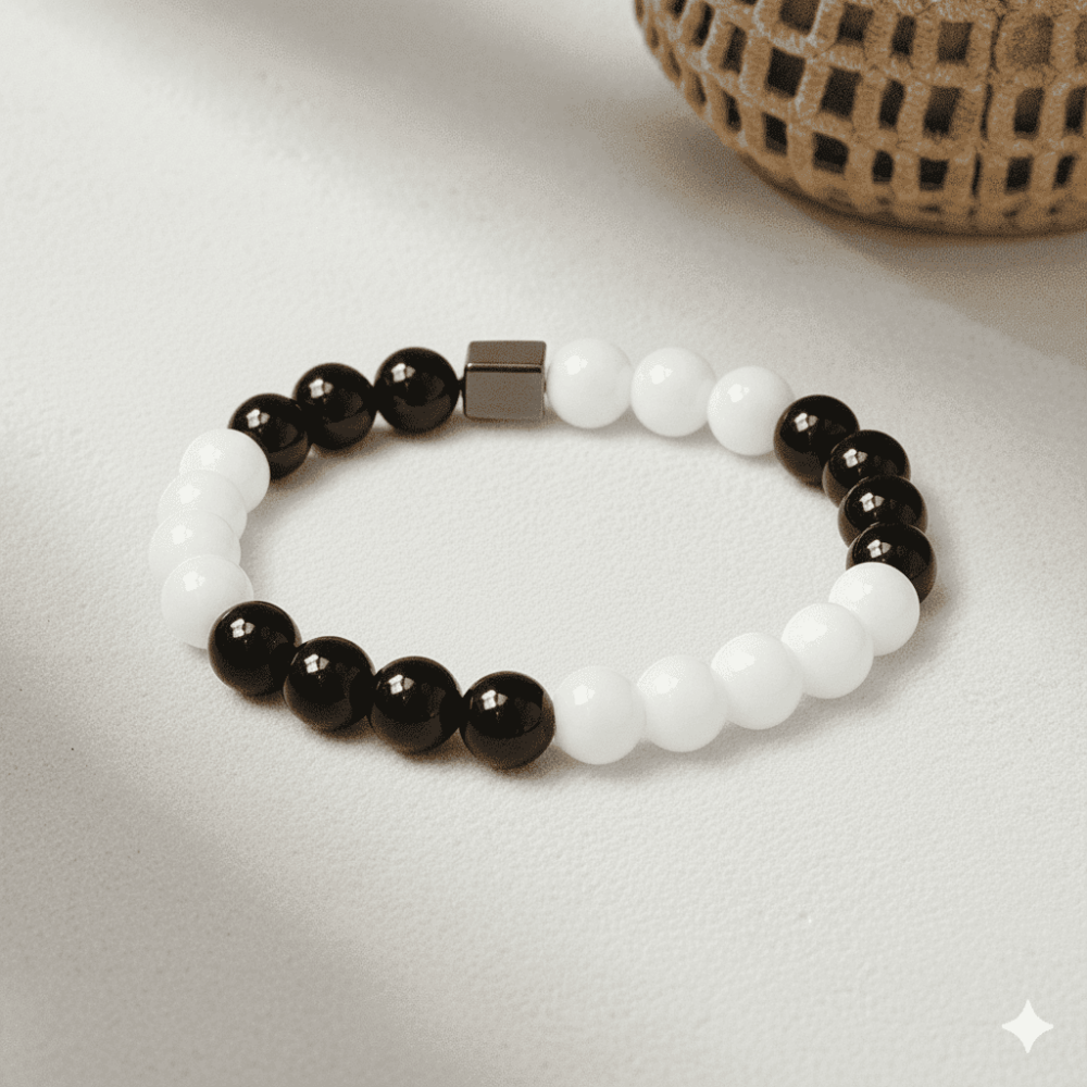 Küre Kesim Siyah Beyaz Jade Oniks Hematit Doğaltaş Kadın Taraftar Bileklik - 3