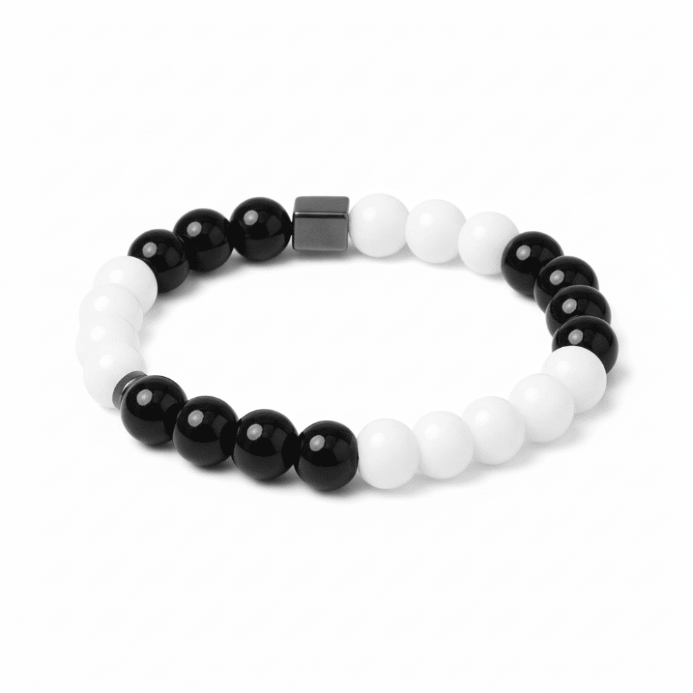 Küre Kesim Siyah Beyaz Jade Oniks Hematit Doğaltaş Kadın Taraftar Bileklik - 4