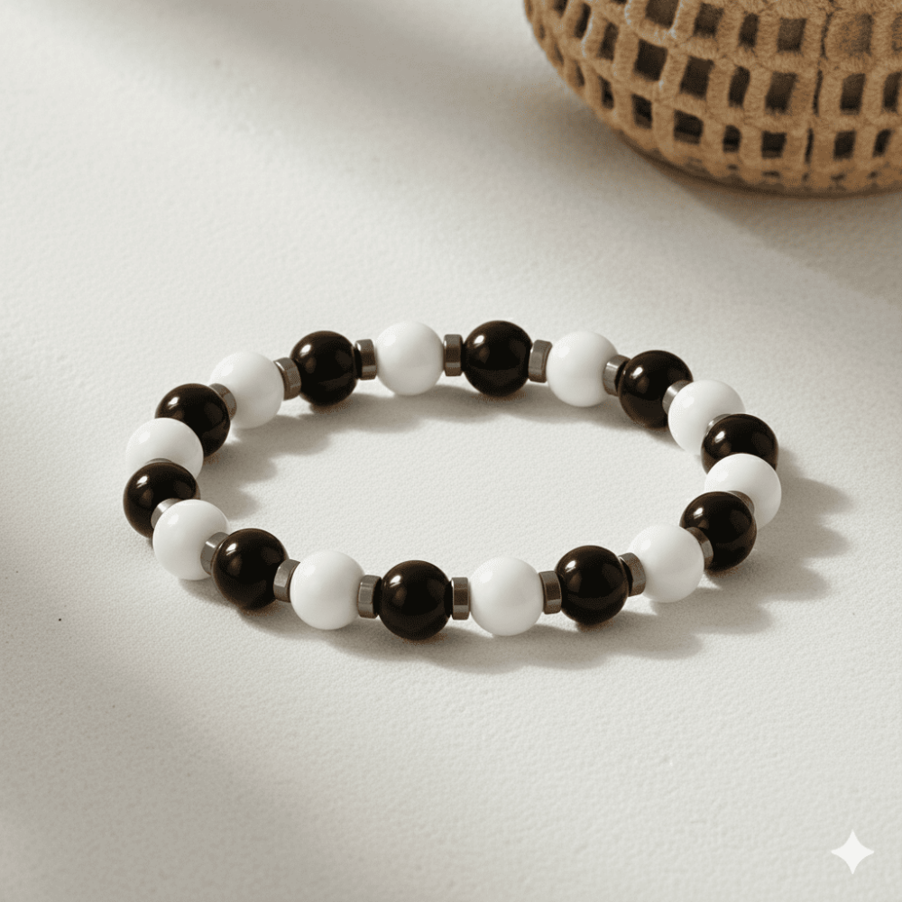 Küre Kesim Siyah Beyaz Jade Oniks Hematit Doğaltaş Kadın Taraftar Bileklik M2 - 3