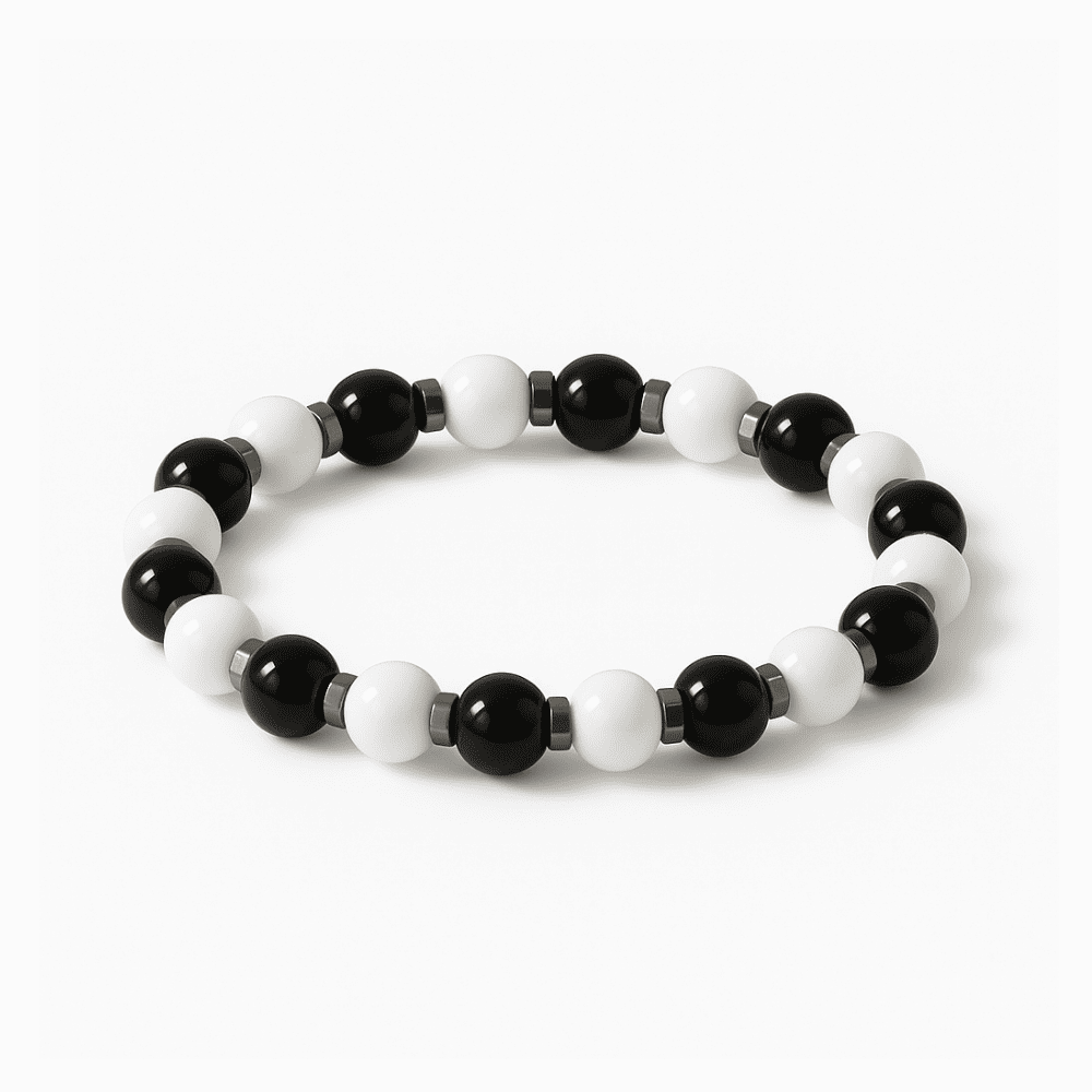 Küre Kesim Siyah Beyaz Jade Oniks Hematit Doğaltaş Kadın Taraftar Bileklik M2 - 4