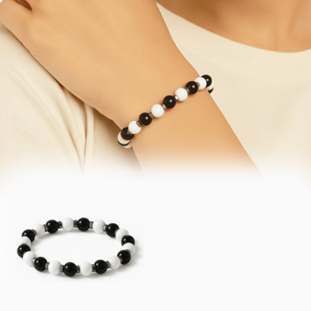 Küre Kesim Siyah Beyaz Jade Oniks Hematit Doğaltaş Kadın Taraftar Bileklik M2 - Tesbihane