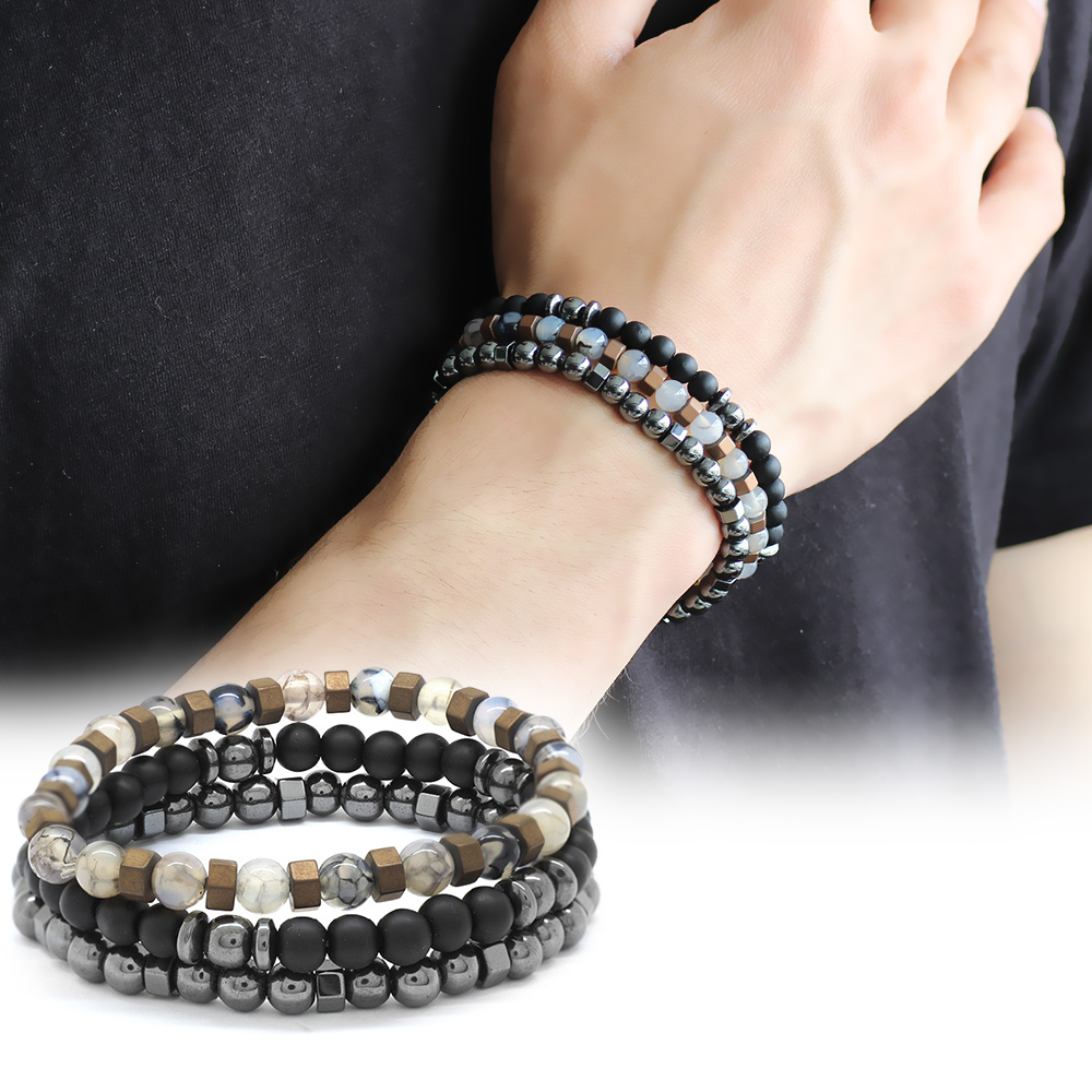 Küre Kesim Siyah Oniks Akik Hematit Kombinli Doğaltaş Bileklik - 1