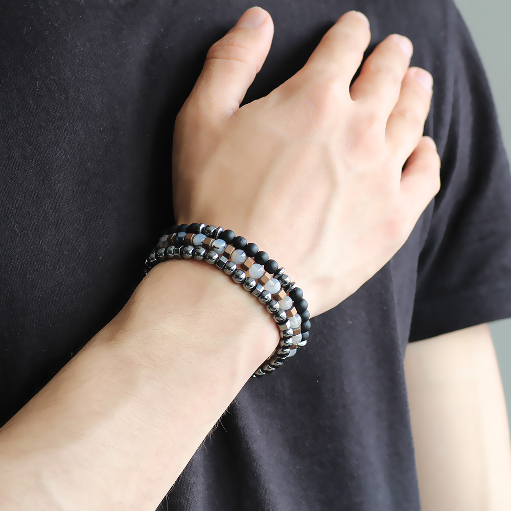 Küre Kesim Siyah Oniks Akik Hematit Kombinli Doğaltaş Bileklik - 2