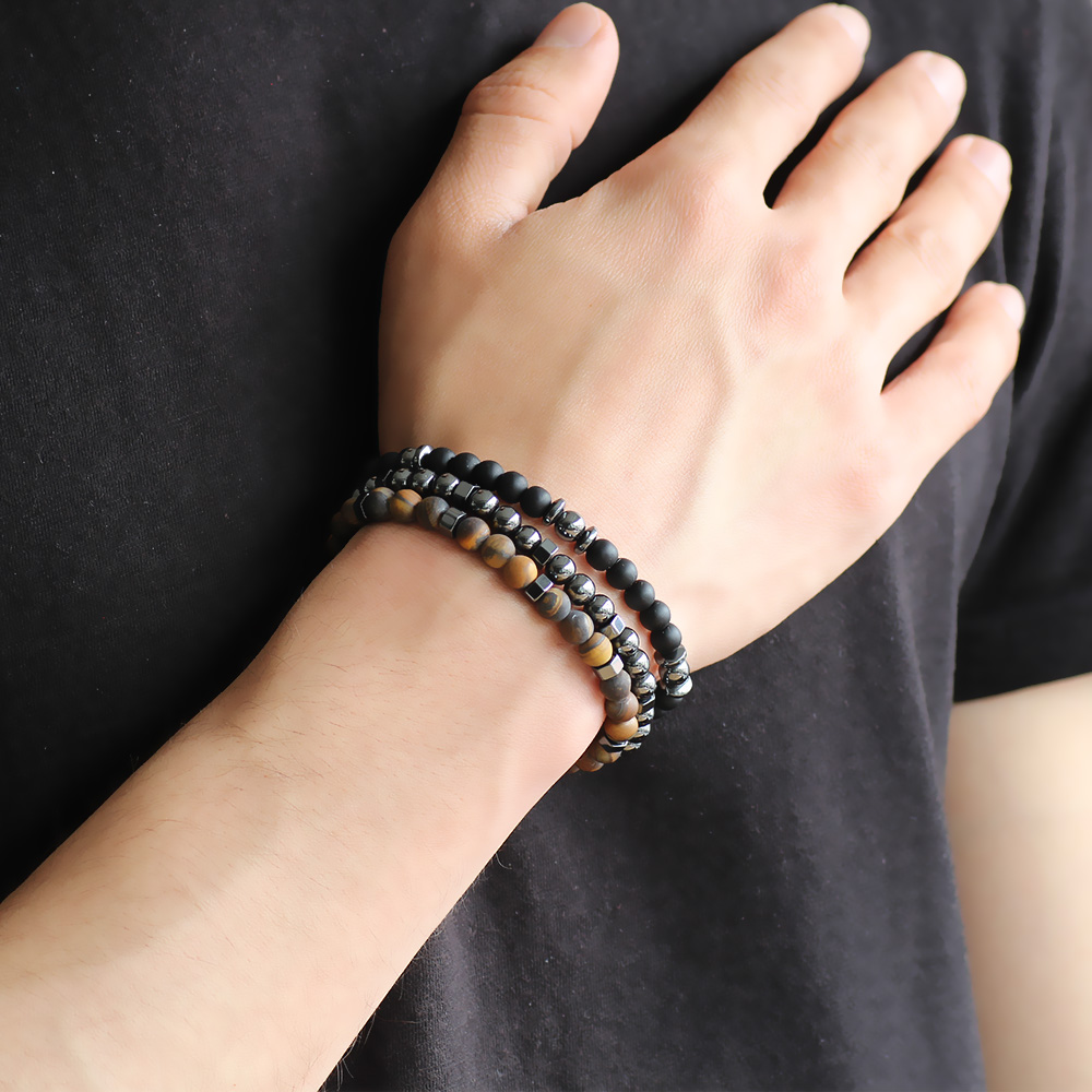 Küre Kesim Siyah Oniks Kaplan Gözü Hematit Kombinli Doğaltaş Bileklik - 2