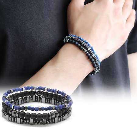 Küre Kesim Siyah Oniks Lapis Hematit Kombinli Doğaltaş Bileklik - Tesbihane