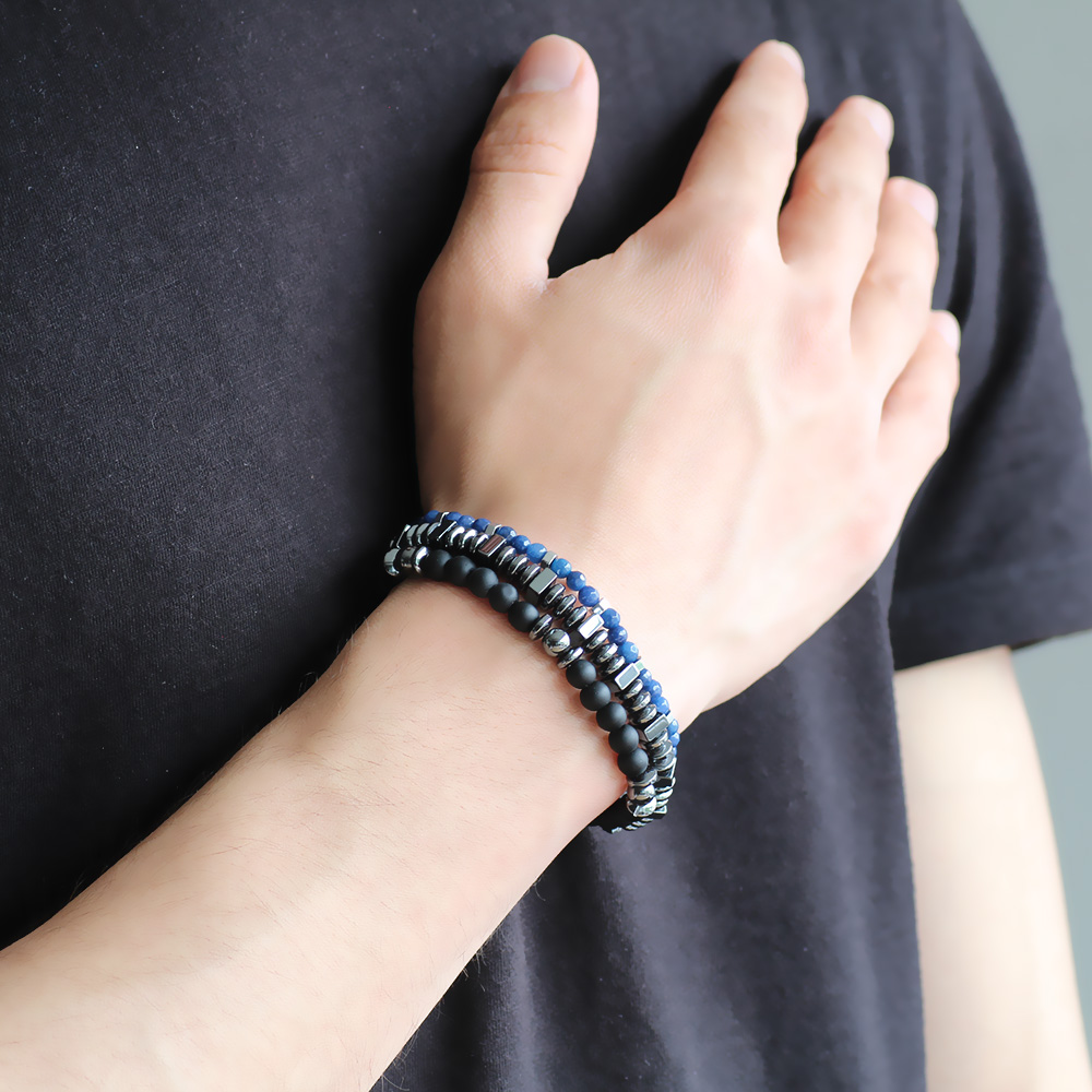 Küre Kesim Siyah Oniks Lapis Hematit Kombinli Doğaltaş Bileklik - 2