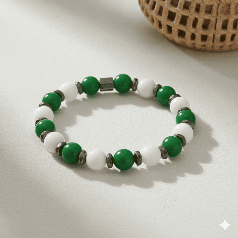 Küre Kesim Yeşil Beyaz Jade Hematit Doğaltaş Erkek Taraftar Bileklik M2 - 3
