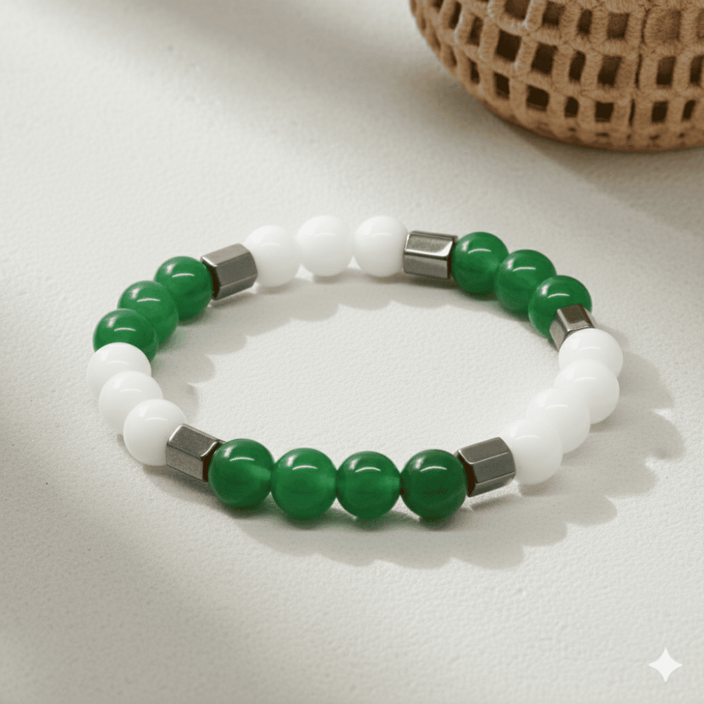 Küre Kesim Yeşil Beyaz Jade Hematit Doğaltaş Erkek Taraftar Bileklik - 3