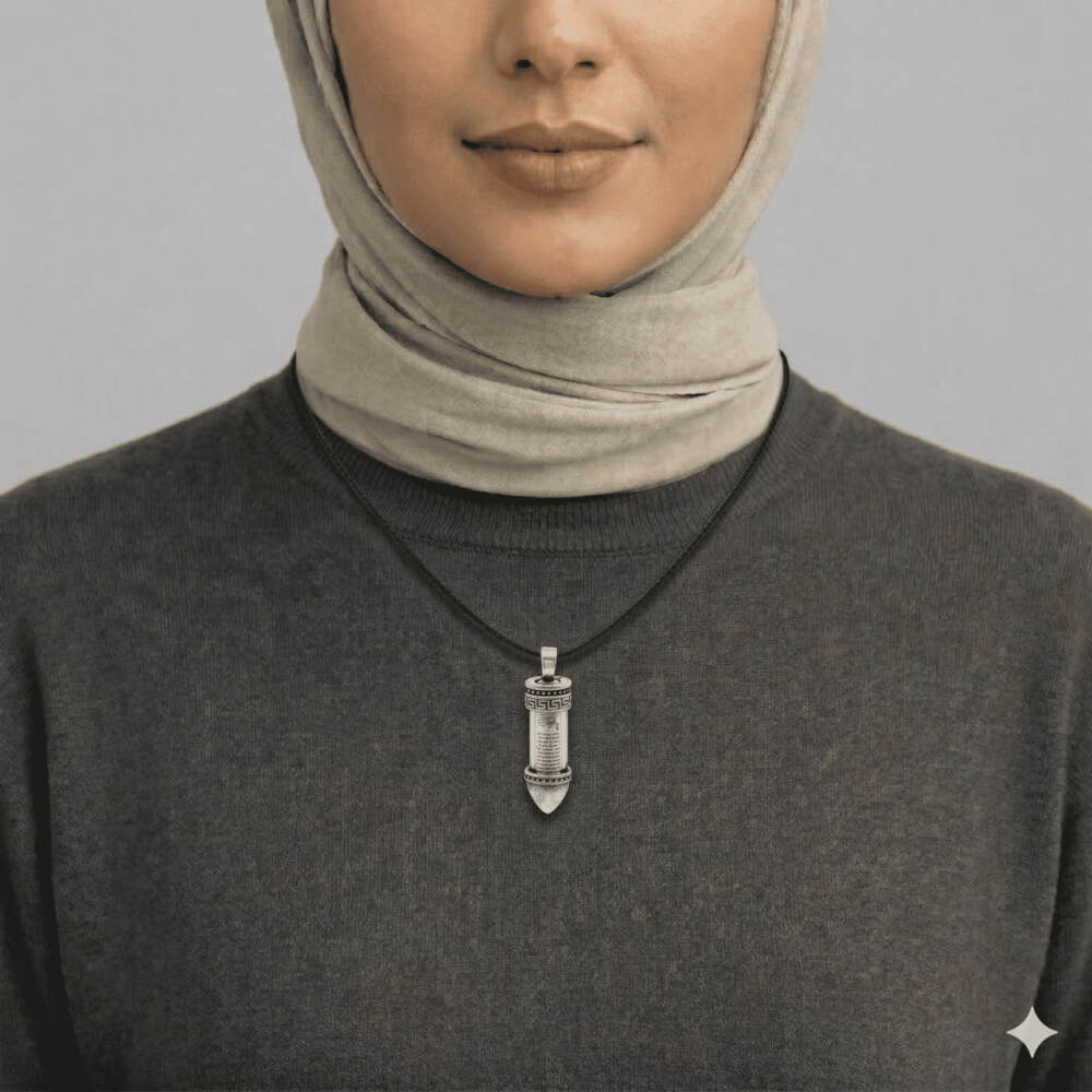 Kurşun Tasarım Grek Detaylı Zarif İp Zincirli 925 Ayar Gümüş Kadın Cevşen Kolye - 2