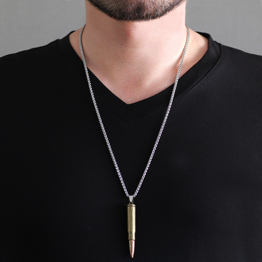 Kurşun Tasarım Otantik Sarı Renk Çelik Erkek Kolye - 2