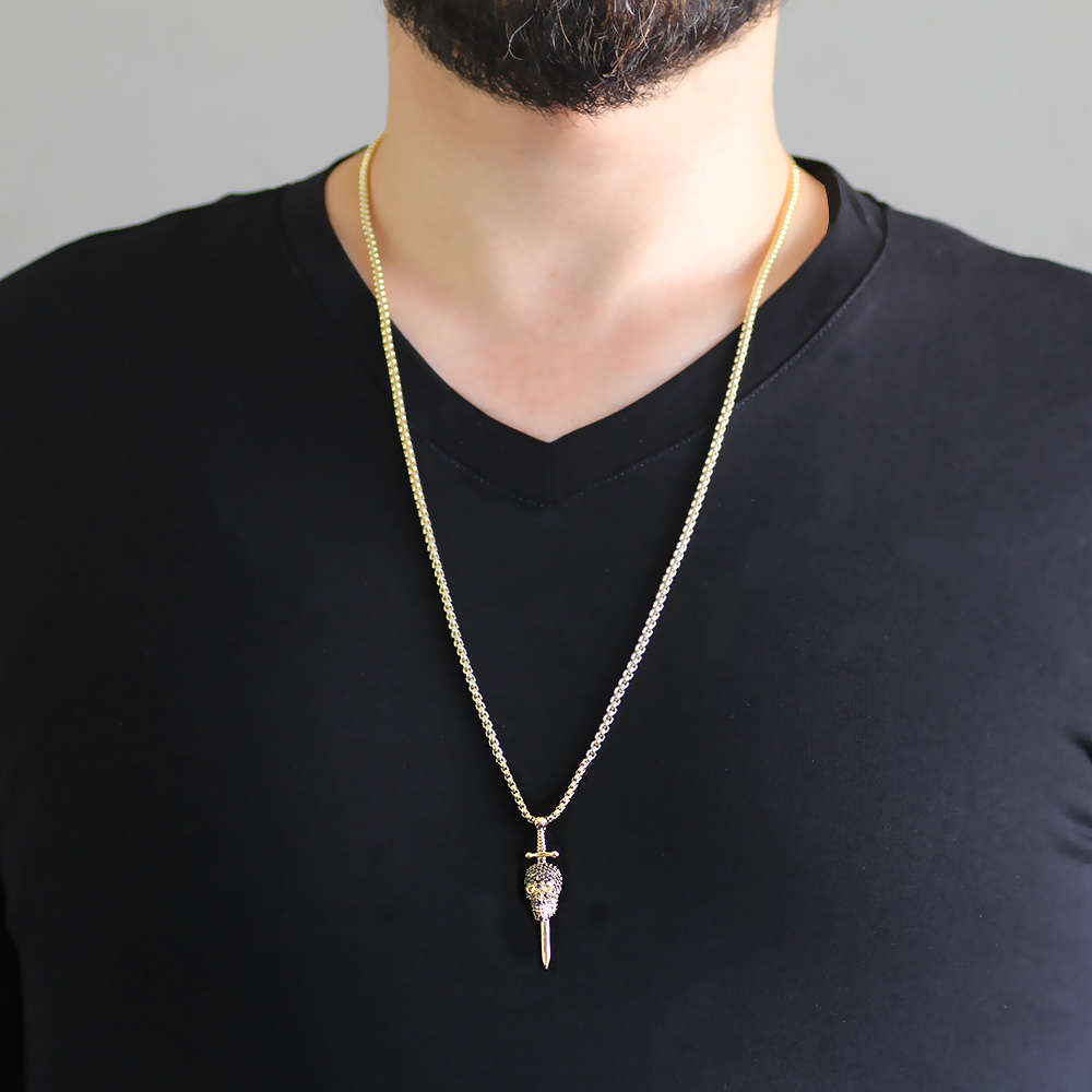 Kuru Kafa Tasarım Siyah Zirkon Taşlı Gold Renk Zincir Pirinç Kolye - 2