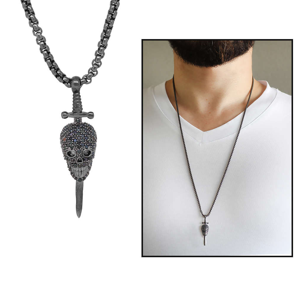 Kuru Kafa Tasarım Siyah Zirkon Taşlı Siyah Renk Zincir Pirinç Kolye - 1