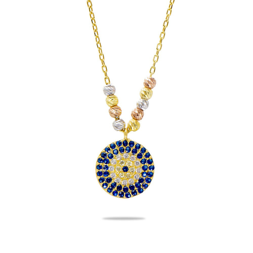 Lacivert Beyaz Zirkon Taşlı Dorika Top Süslemeli Altın Renk 925 Ayar Gümüş Kadın Kolye - 2