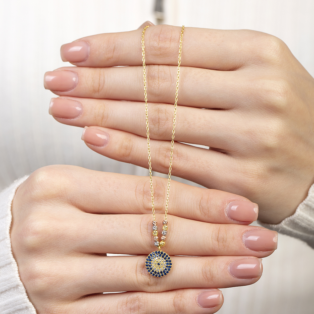 Lacivert Beyaz Zirkon Taşlı Dorika Top Süslemeli Altın Renk 925 Ayar Gümüş Kadın Kolye - 5