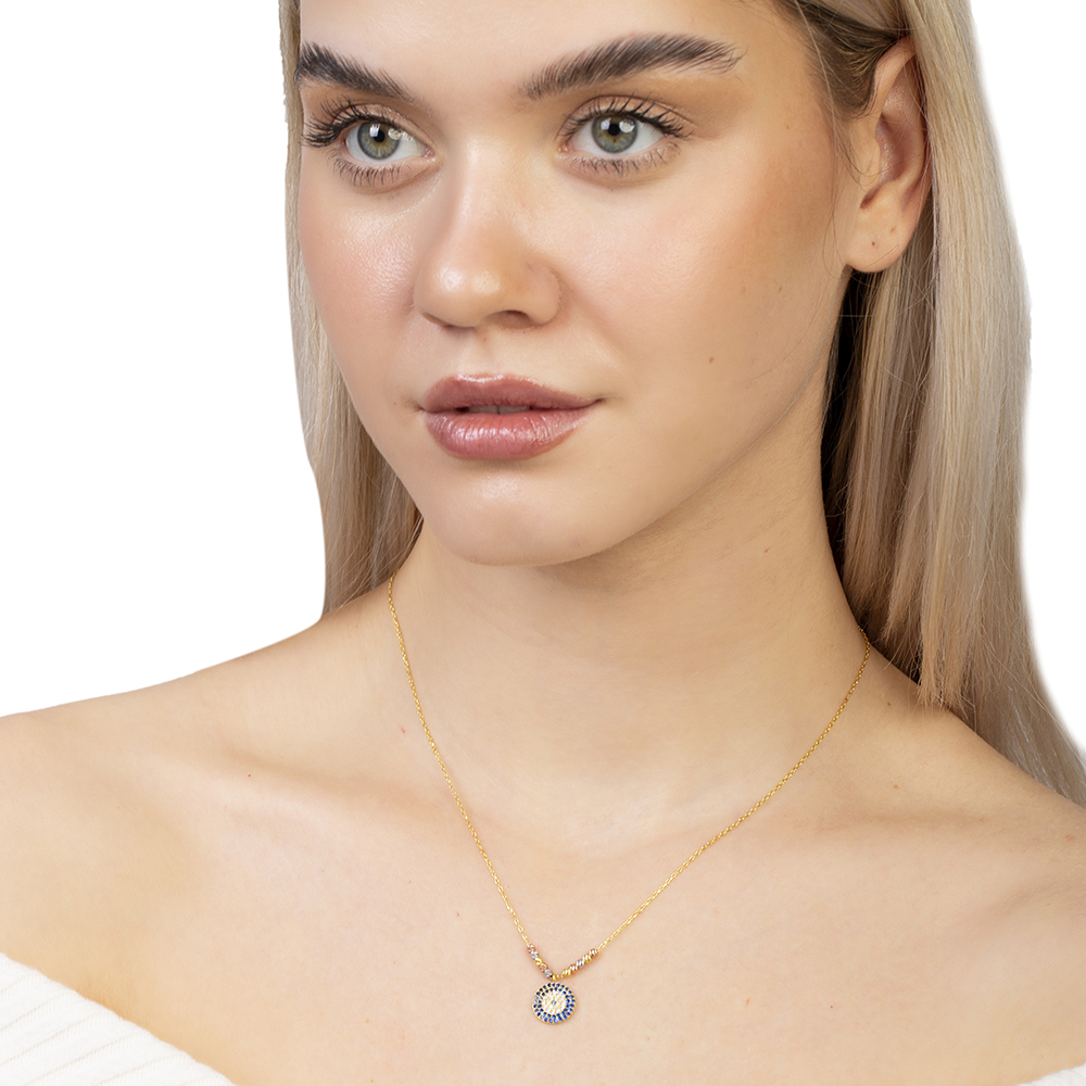 Lacivert Beyaz Zirkon Taşlı Dorika Top Süslemeli Altın Renk 925 Ayar Gümüş Kadın Kolye - 3