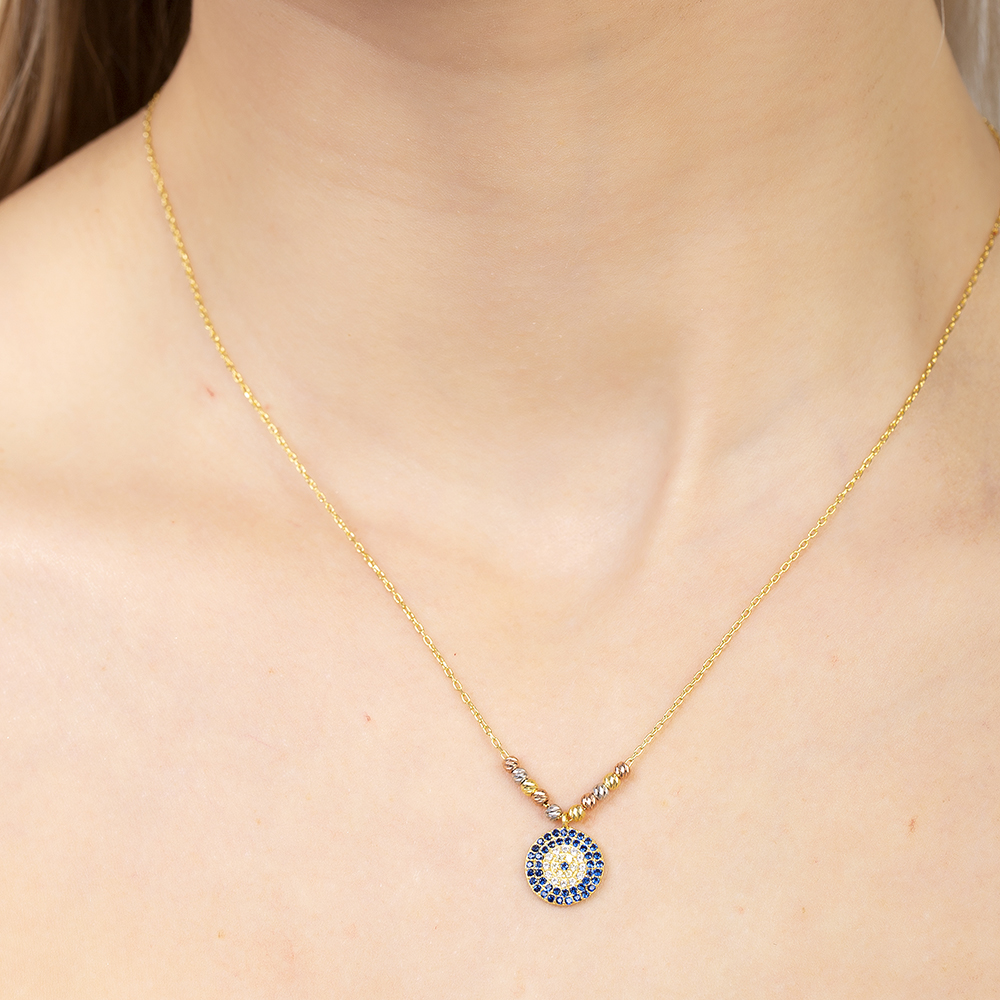 Lacivert Beyaz Zirkon Taşlı Dorika Top Süslemeli Altın Renk 925 Ayar Gümüş Kadın Kolye - 4