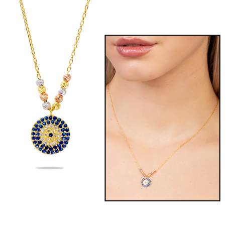 Lacivert Beyaz Zirkon Taşlı Dorika Top Süslemeli Altın Renk 925 Ayar Gümüş Kadın Kolye - Tesbihane