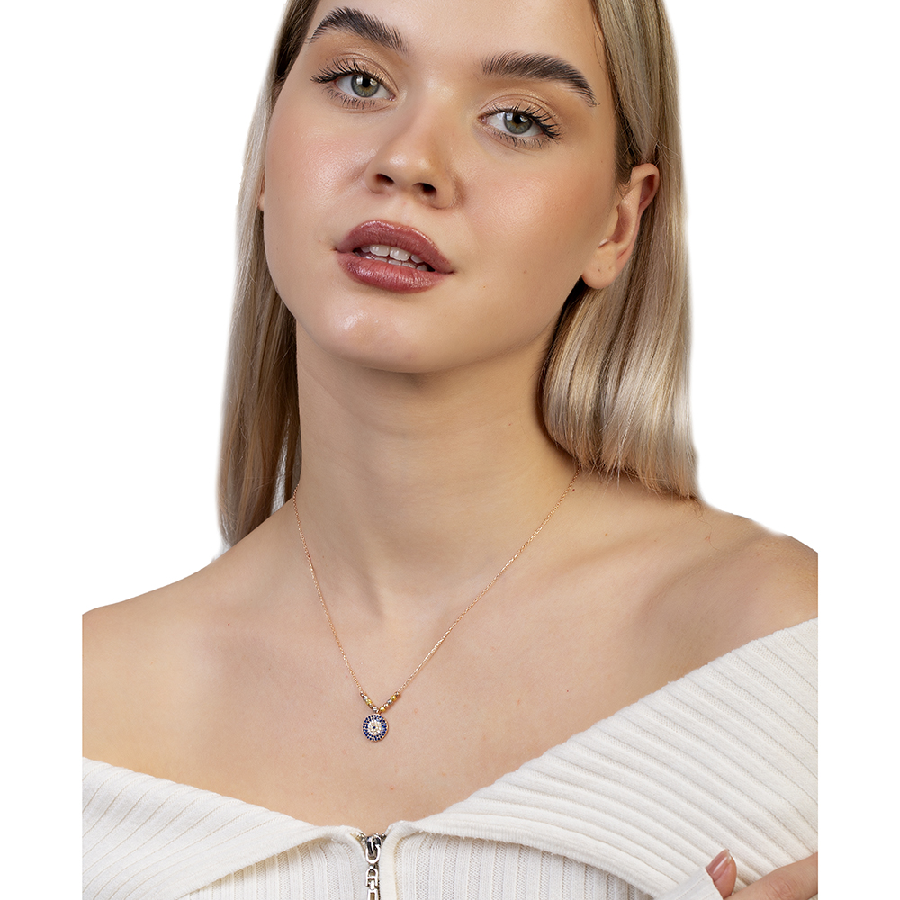 Lacivert Beyaz Zirkon Taşlı Dorika Top Süslemeli Rose Renk 925 Ayar Gümüş Kadın Kolye - 2