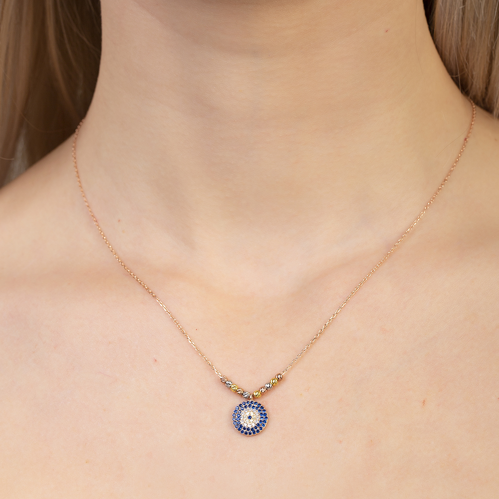 Lacivert Beyaz Zirkon Taşlı Dorika Top Süslemeli Rose Renk 925 Ayar Gümüş Kadın Kolye - 4