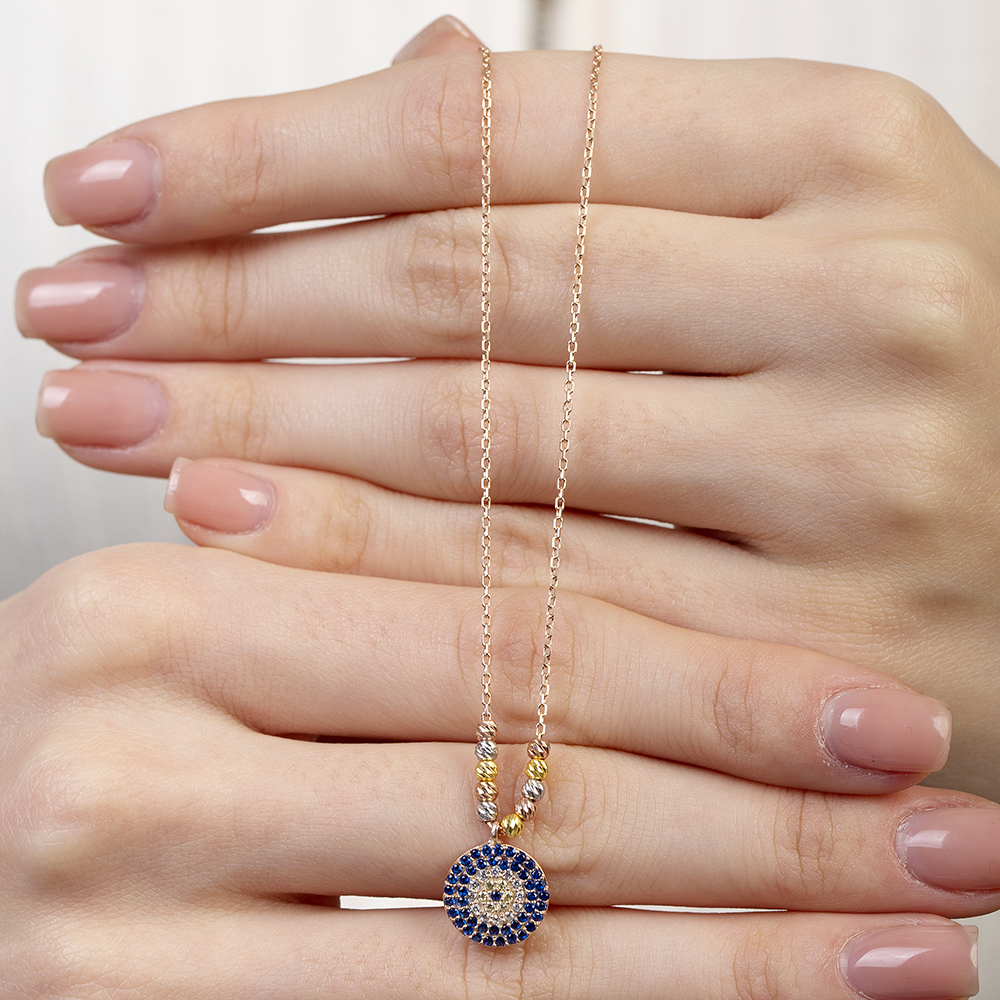 Lacivert Beyaz Zirkon Taşlı Dorika Top Süslemeli Rose Renk 925 Ayar Gümüş Kadın Kolye - 5