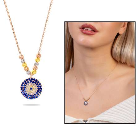 Lacivert Beyaz Zirkon Taşlı Dorika Top Süslemeli Rose Renk 925 Ayar Gümüş Kadın Kolye - Tesbihane